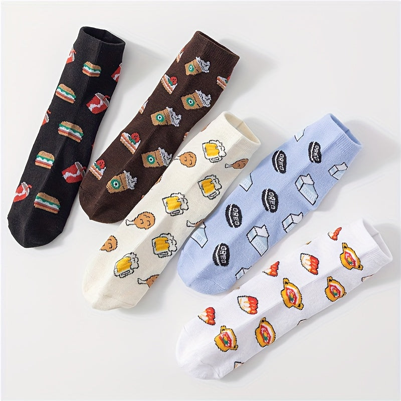 5 Pairs Cartoon Food Print Socks & Funny Mid Tube Women's Stockings