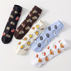 5 Pairs Cartoon Food Print Socks & Funny Mid Tube Women's Stockings