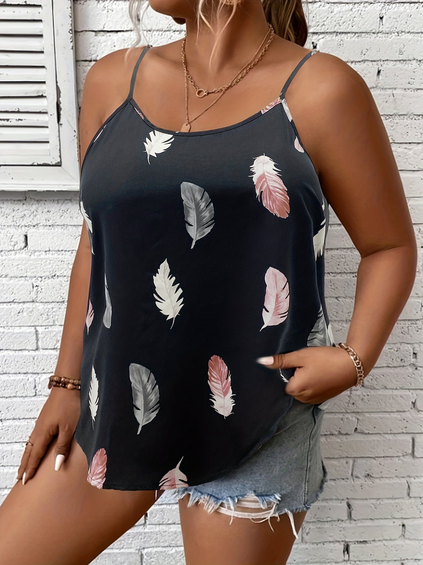 Feather Print Round Neck Cami Top