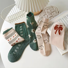 5 Pairs Women's Retro Bowknot Mid Tube Socks