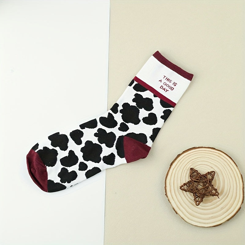 3 Pairs Cow Spot Print Socks Comfy & Breathable Mid Tube Socks Women's Stockings
