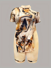 Women's Plus Fluid Print Mock Neck Top & Shorts Two Piece Set
