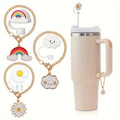 2pcs Daisy Rainbow Chain Charm And Straw Tip Cover Set For Tumbler Water Cup