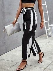 All Over Print Paper Bag Waist Pants Casual Belted Pants