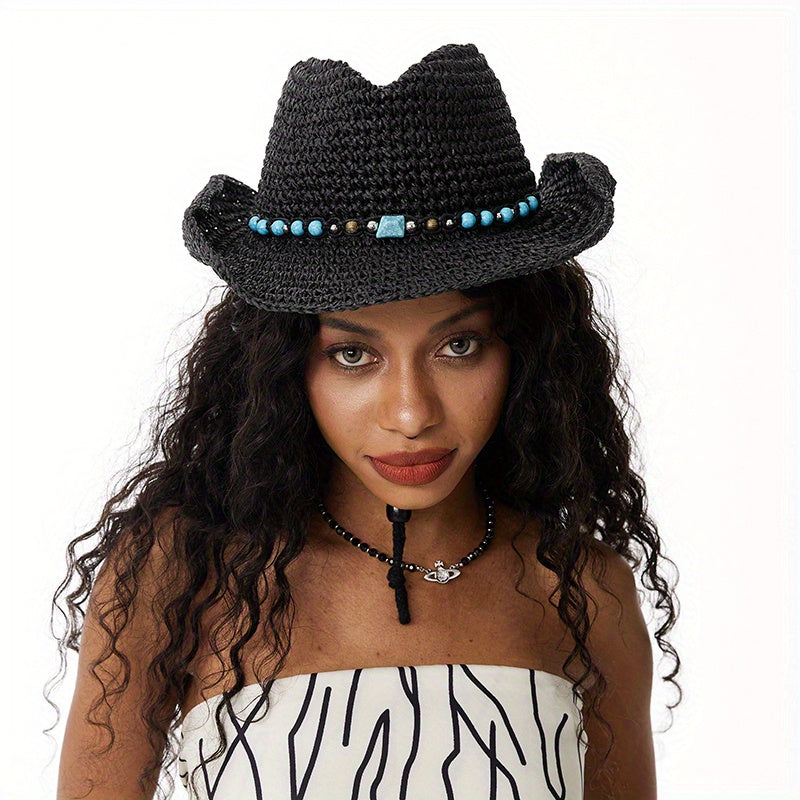 Turquoise Chain Decor Sun Hat Crochet Western Cowboy Cowgirl Hat