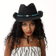 Turquoise Chain Decor Sun Hat Crochet Western Cowboy Cowgirl Hat