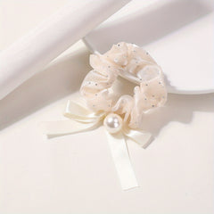 Mesh Scrunchie Faux Pearl Bow Ribbon Hair Rope Elastic Hair Tie