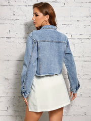 Ripped Holes Cropped Denim Coats Long Sleeves Raw Cut Lapel Denim Jackets