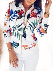 Floral Print Zip Up Jacket Casual Baseball Neck Sweater