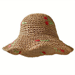 Vintage Straw Bucket Hat Cherry Ruffles Sun Hat