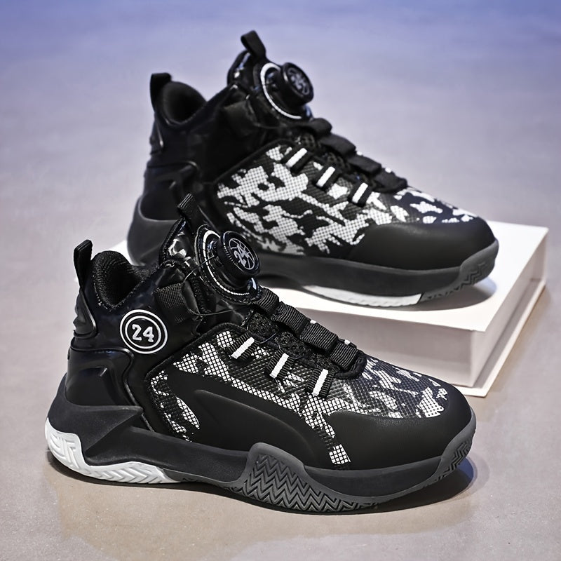 Boy's High Top Basketball Shoes Rotating Buckle Non Slip Sneakers