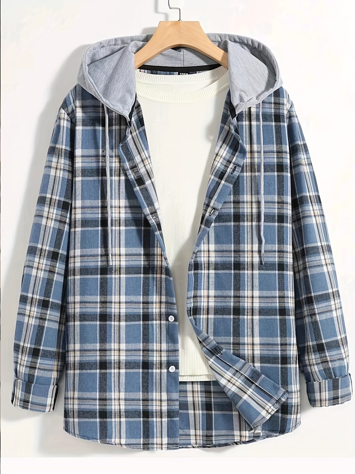 Men's Casual Hooded Shirt Spliced Pattern Buttoned Shirt With Hat