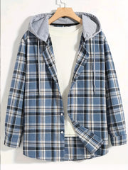 Men's Casual Hooded Shirt Spliced Pattern Buttoned Shirt With Hat