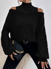 Cold Shoulder 2 In 1 Knit Sweater High Neck Long Sleeve Women's Clothing