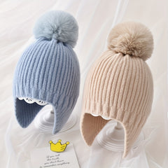 Children's Knitted Hat with Ear Protection and Fur Ball