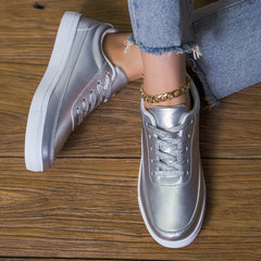 Women's Silver Faux Leather Skate Shoes Casual Lace Up Outdoor Shoes