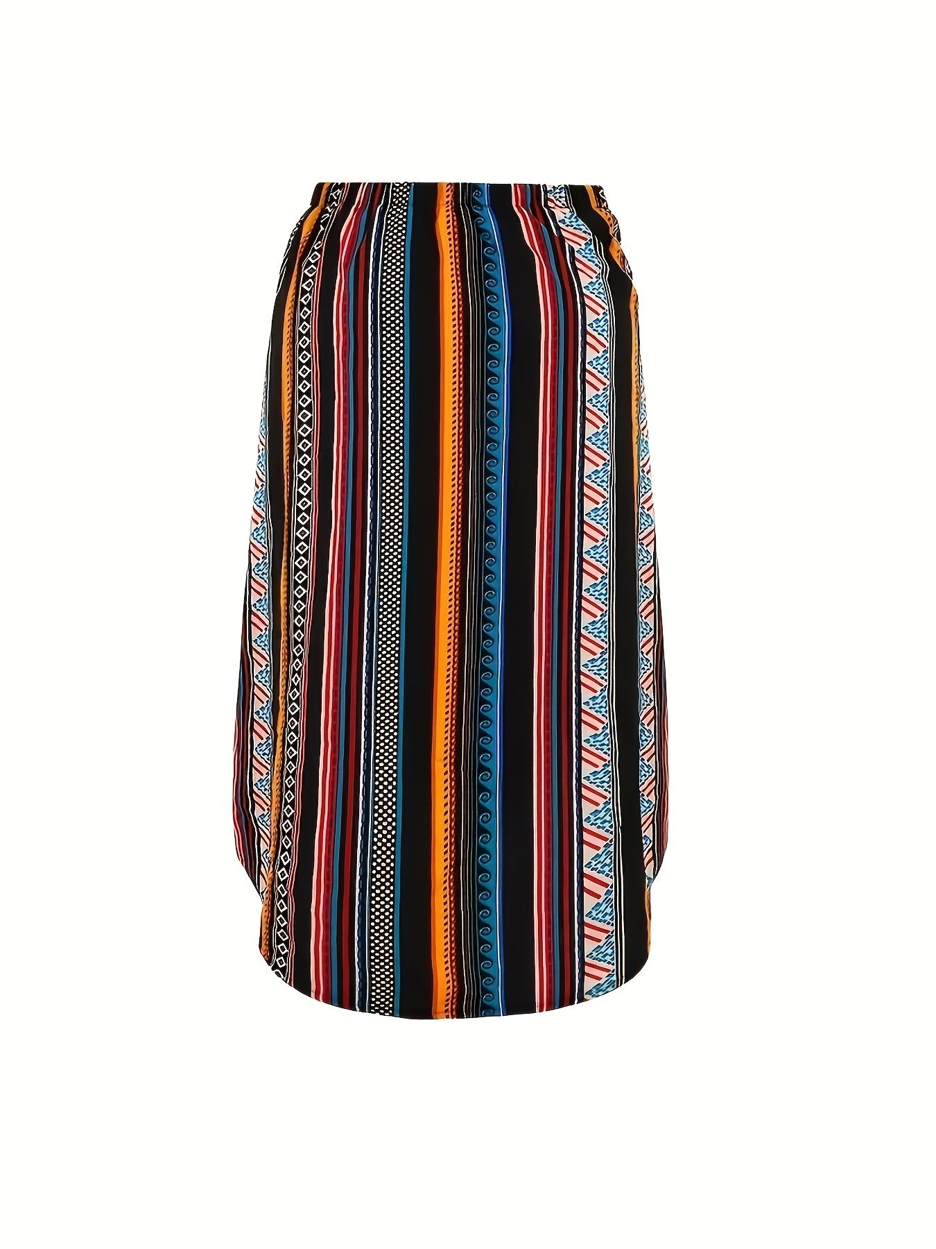 Boho Maxi Skirt Women's Tribal Striped Elastic Waist Pleated