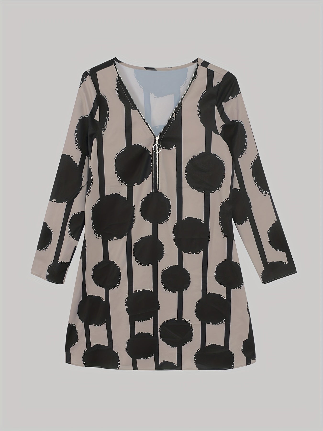 Abstract Print Zipper Dress Long Sleeve Casual Dress