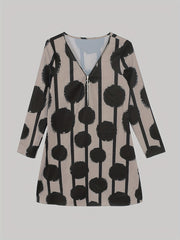 Abstract Print Zipper Dress Long Sleeve Casual Dress