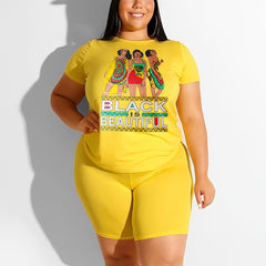 Cartoon Print Tee & Shorts Set: Plus Size 2pcs Outfit