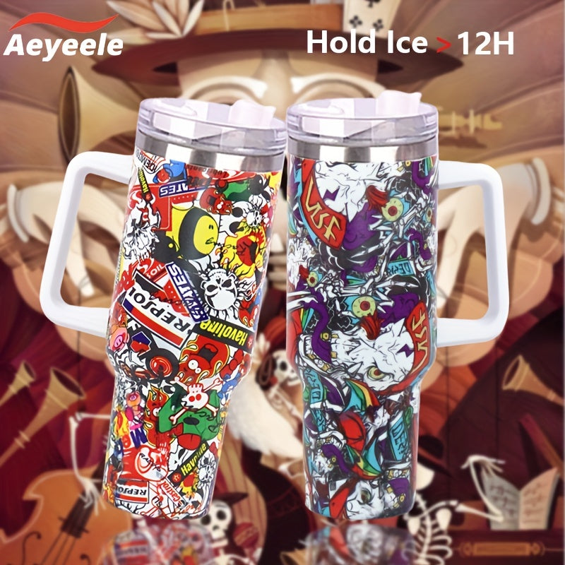 40oz Skull Print Water Bottle Stainless Steel Insulated Tumbler with Lid & Straw