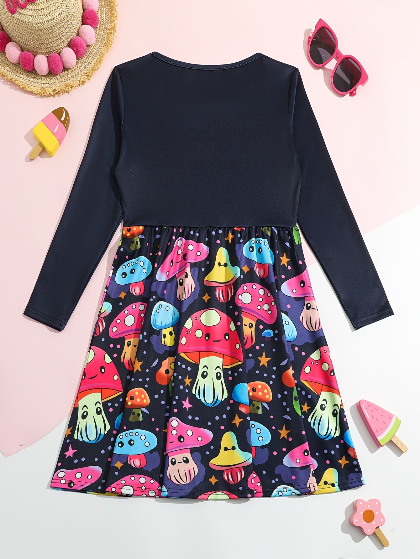 Girls Mushroom Graphic Long Sleeve Dress Spring Fall Party Gift