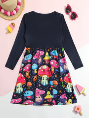 Girls Mushroom Graphic Long Sleeve Dress Spring Fall Party Gift