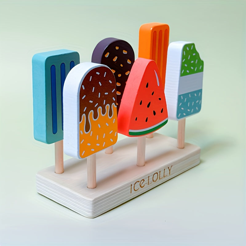 Wooden Toy Ice Cream Pretend Playset with 3 Colorful Sandwiches