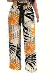 Plant Print Tie Waist Pants Wide Leg Long Length