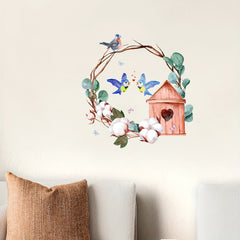 Lovely Bird On Tree Branch Wall Decal Green Leaves Flying Birds Removable Art