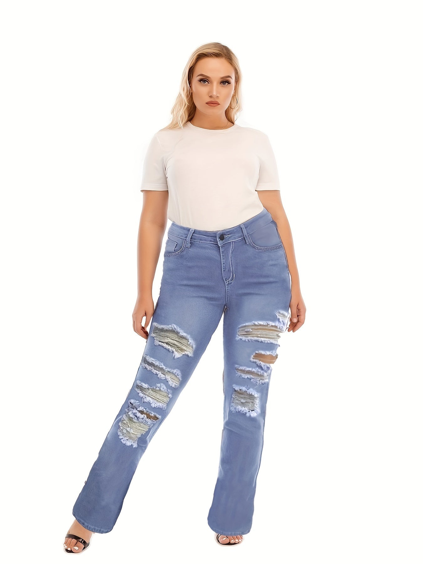 Women's Plus Washed Ripped High Stretch Jeans
