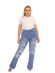 Women's Plus Washed Ripped High Stretch Jeans