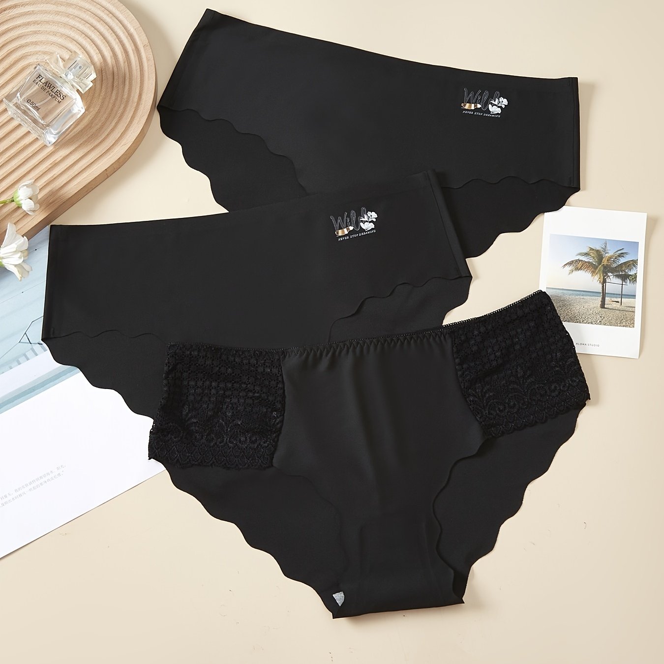 3 Pack Plus Size Lace Mid Waist Seamless Briefs Women's Stretch Panties