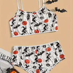 Witch & Bat Print Round Neck Bra & Panty Gothic Lingerie Set