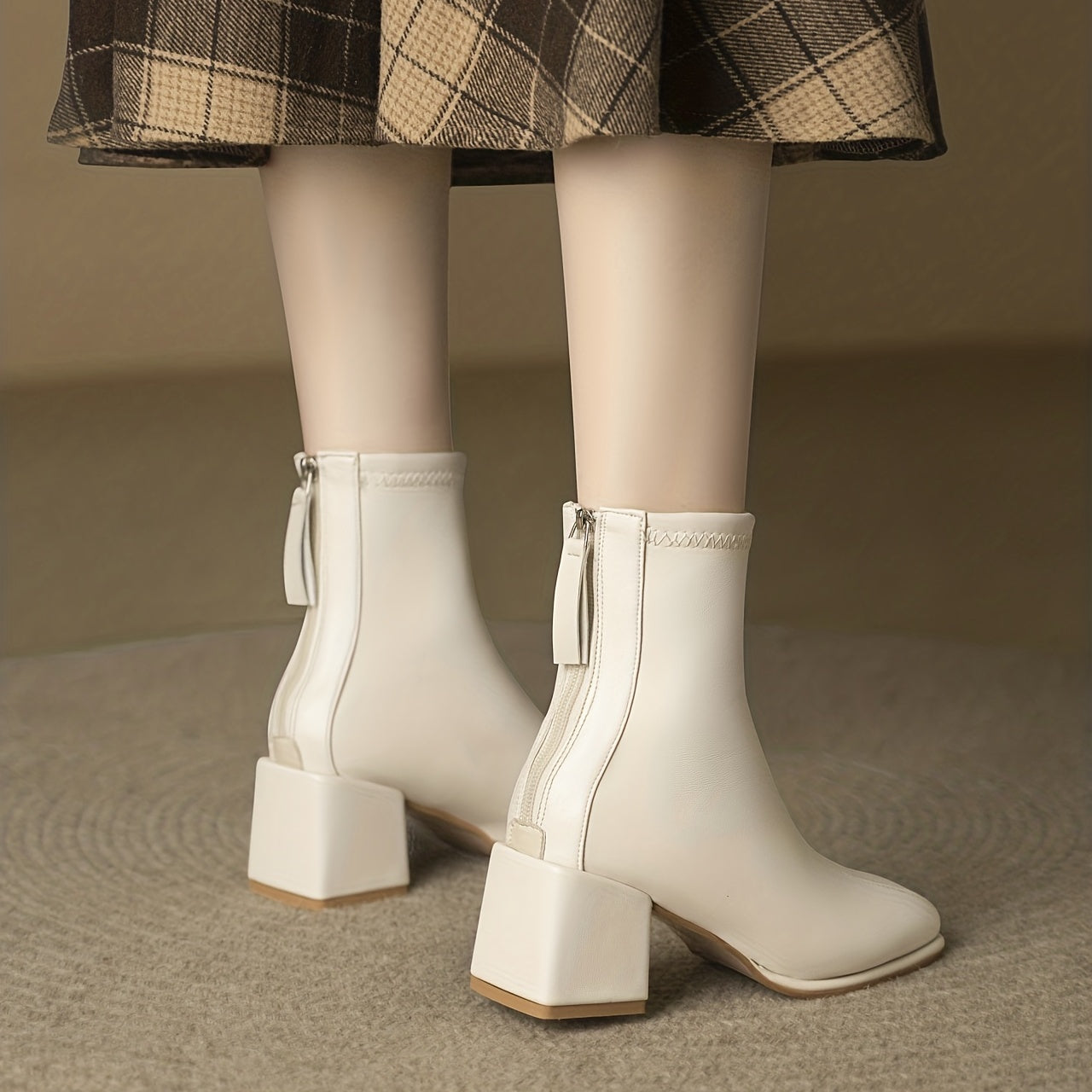 Women's Chunky Heel Boots Solid Square Toe Back Zipper Casual Shoes