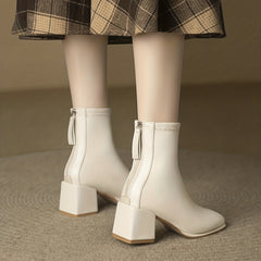 Women's Chunky Heel Boots Solid Square Toe Back Zipper Casual Shoes