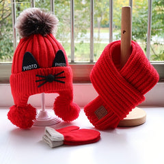 Cat Pattern Kids Knitted Woolen Hat Scarf Gloves Set