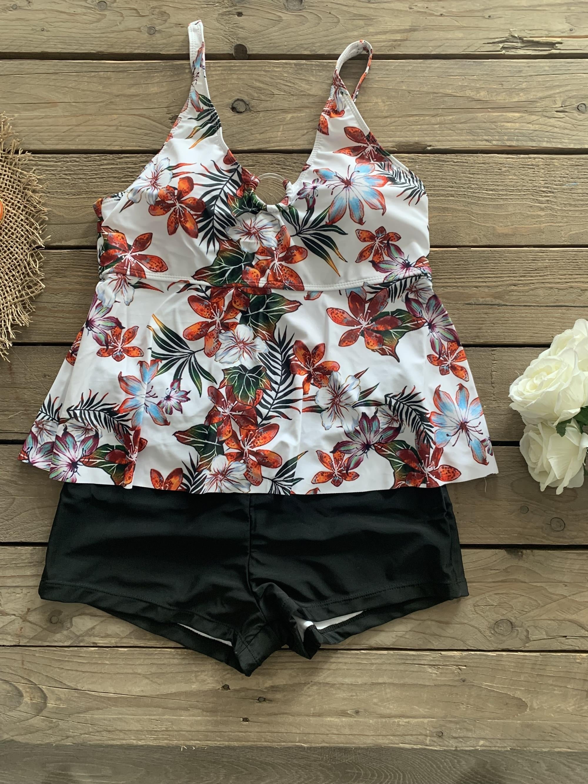 Tropical Print Tankini Set Cami Top & Shorts Swimsuit