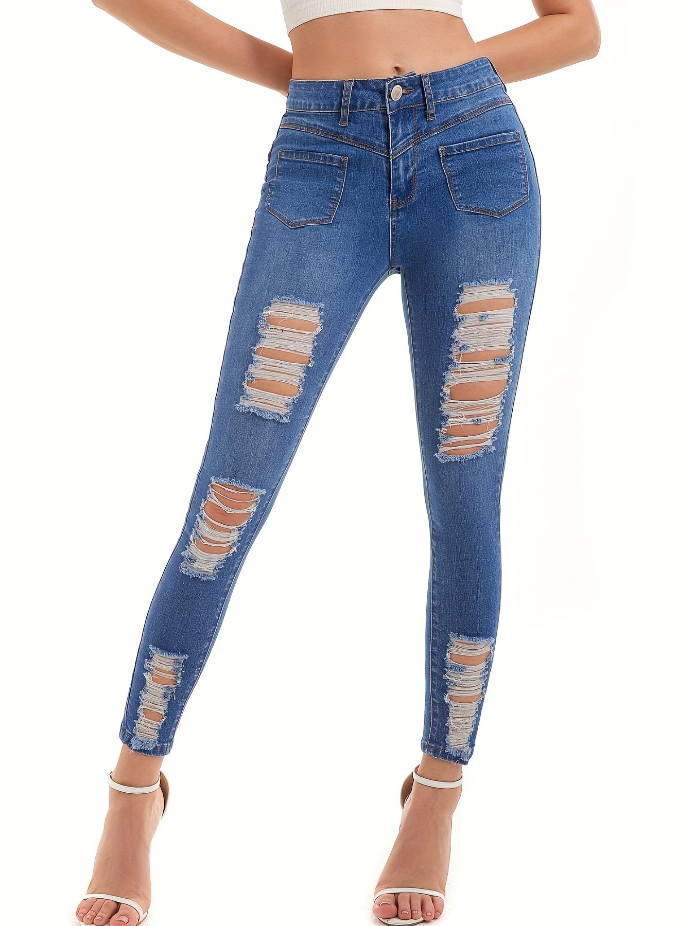 Ripped Button Fly Slim Fit Denim Pants