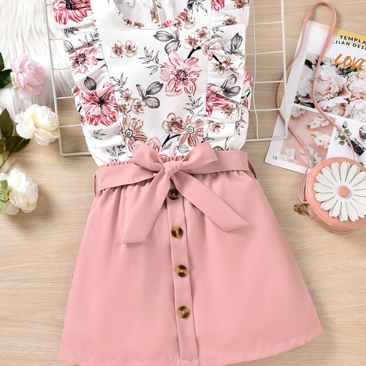 Girl's Floral Print Tank Top & Belted Skirt Set