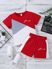 2pcs Boys Teen Casual Block T Shirt & Shorts Set For Summer