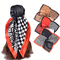 Geometric Plaid Print Bandana Silky Square Scarf Satin Shawl Head Wraps
