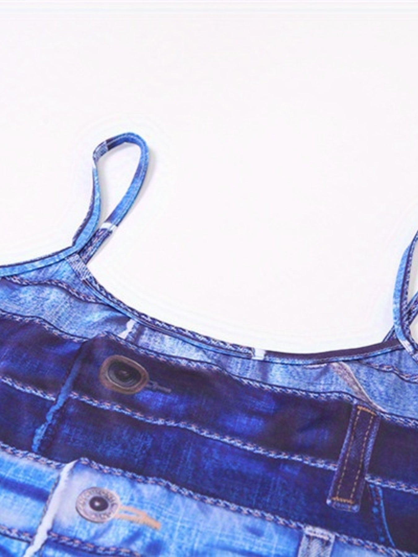 Denim Print Spaghetti Strap Romper Summer Casual Outfit