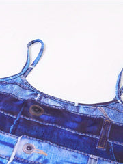 Denim Print Spaghetti Strap Romper Summer Casual Outfit