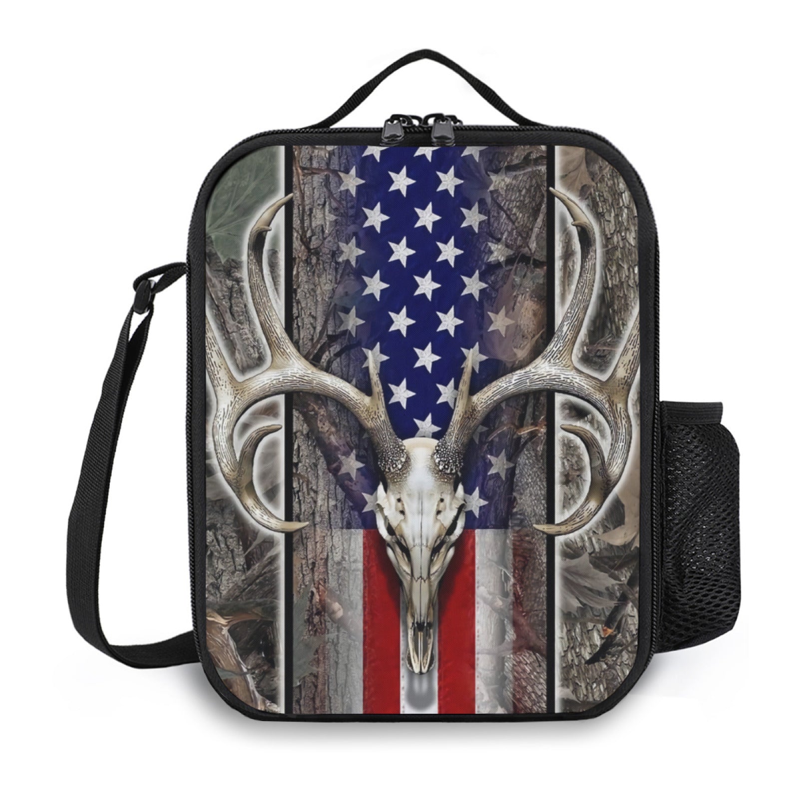 American Flag Deer Lunch Box with Water Bottle Holder