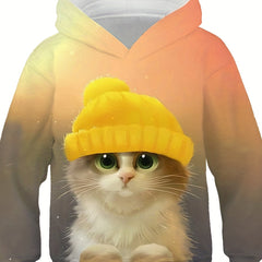 Kids Cat Print Hoodie Boys Girls Hooded Sweatshirt Casual Kids Tops
