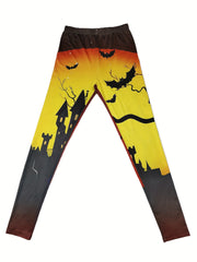 Castle & Bat Print Skinny Leggings Stretchy Women's Clothing