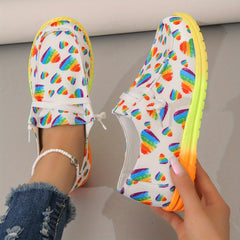 Women's Rainbow Heart Print Canvas Shoes Casual Lace Up Outdoor Shoes