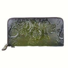 Vintage Red Leather Wristlet with Floral Embossing Zip Closure