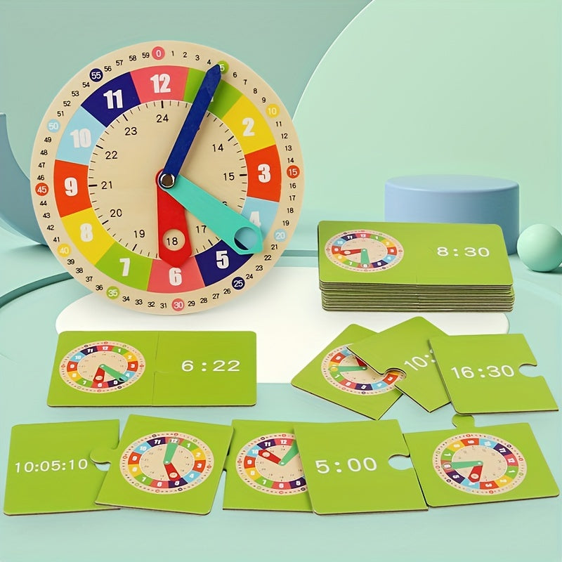 Montessori Wooden Clock Model with Cards - Teaching Aid for Kindergartners